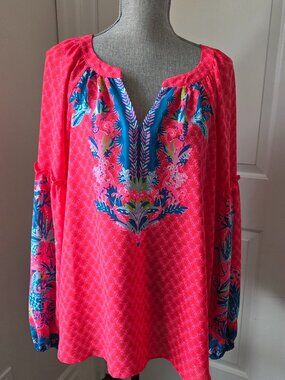 Lily Pulitzer Zaid vibrant floral blouse summer beach resort size L
